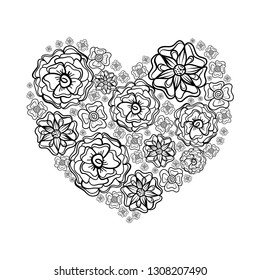 Hand drawn Flowers arranged un a shape of heart. Wildflowers vector illustration