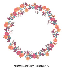 Hand drawn Flowers arranged un a shape of  wreath. Wildflowers vector