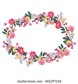 Hand drawn Flowers arranged un a shape of  oval wreath. Wildflowers vector