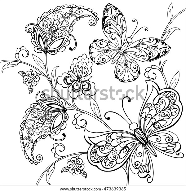 Hand Drawn Flowers Artistic Butterflies Anti Stock Vector Royalty Free ...