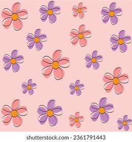 Hand drawn flowers background with black stroke and pink background Floral pattern