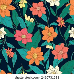 Hand Drawn Flowers background print for textile. The drawn flowers beautiful illustration for the fabric. Design ornament pattern seamless. Vector