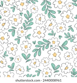 Hand Drawn Flowers background print for textile. The drawn flowers beautiful illustration for the fabric. Design ornament pattern seamless. Vector