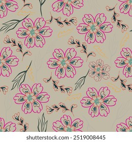 Hand Drawn Flowers background print for textile. The drawn flowers beautiful illustration for the fabric. Design ornament pattern seamless.