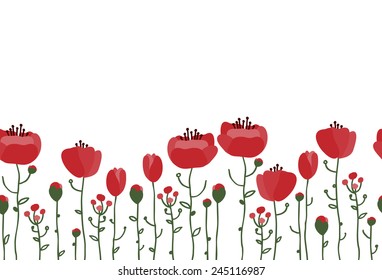 Hand drawn flowers background. Seamless horizontal poppies border.