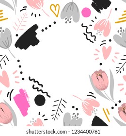 Hand drawn flowers background for template, text. Stylized flowers frame.