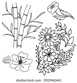 Flores dibujadas a mano, ramas de bambú