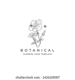 Hand Drawn Flowers with bee Logo Template for Botanical Logo, Farm or Flowers Shop