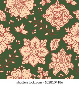 Hand drawn flowers and berries, vector seamless pattern.