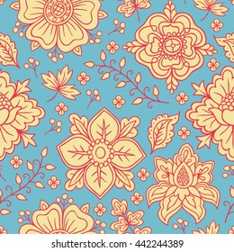 Hand drawn flowers and berries, vector seamless pattern.