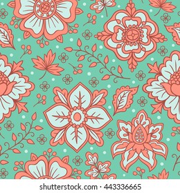 
Hand drawn flowers and berries, vector seamless pattern.
