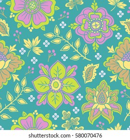 Hand drawn flowers and berries, vector seamless pattern.