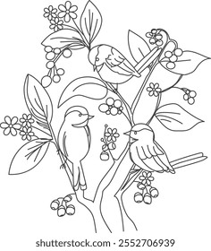 hand drawn flowers with birds stting tree branch.
