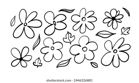 Hand drawn flowers black paint set isolated on white background. Vector botanical plants rough line illustration.