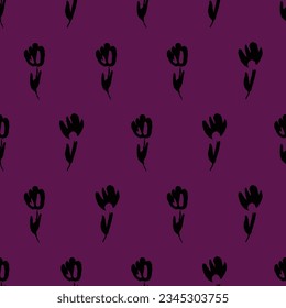 Hand drawn flowers in black repeat pattern design on purple background