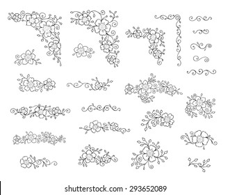 Hand drawn flowers, bouquets, corners. Black and white design elements for cards, invitations, tags, labels.