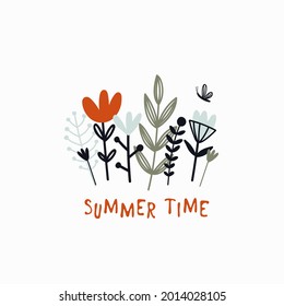 Hand drawn flowers and branches, decorative lettering "Summer time". Vector flat illustration isolated on white backdrop. Doodle style image for stickers, posters, postcards, t-shirt design.