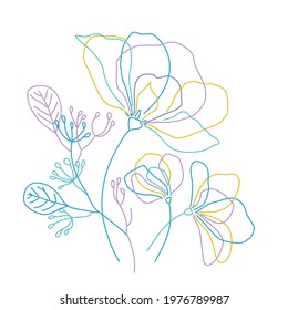Hand drawn flowers, branches. Graphic design from colored lines.