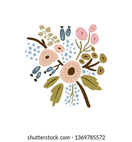 Hand drawn flowers with branches. Pastel colors, bouquet in doodle style. Vector plants print