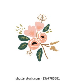 Hand drawn flowers with branches. Pastel colors, bouquet in doodle style. Vector plants print