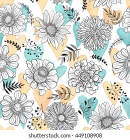 Hand drawn flowers and branches seamless pattern. Sketch style flowers with colorful watercolor hearts on white  background. Floral wrapping paper romantic texture.