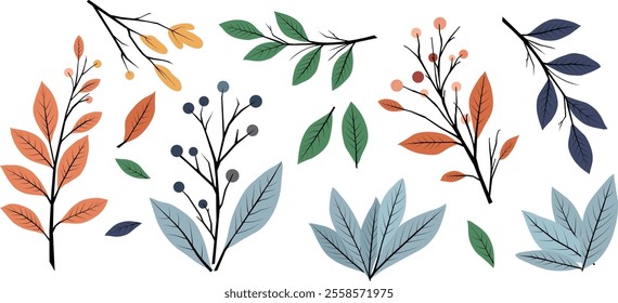 Hand drawn flowers branches in a set. Blooming twigs with small flowers, leaves isolated on white background. Vector illustration.