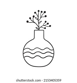 Hand drawn flowers and branches in a vase doodle.  Home plants in sketch style.  Vector illustration isolated on white background.