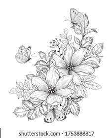 Hand drawn flowers bunch, flying and sitting butterflies isolated on white. Vector monochrome elegant floral composition in vintage style, t-shirt, tattoo design, coloring page, wedding decoration.