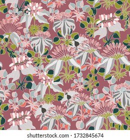 Dibujo manual Flores agrupan un patrón vectorial sin fisuras gris. Color rosa, verde coral. Cuerdas, hojas, flores sobre fondo rosa oscuro para la cubierta textil de papel pintado.
