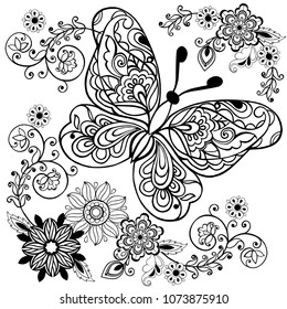 Hand drawn flowers and butterflies for the anti stress coloring page.