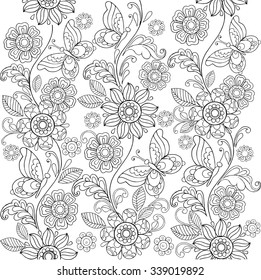 Hand drawn flowers and butterflies for the anti stress coloring page.