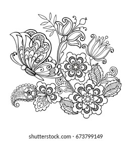 Hand drawn flowers and butterflies for the anti stress coloring page.