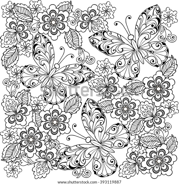 Hand Drawn Flowers Butterflies Anti Stress Stock Vector Royalty Free ...