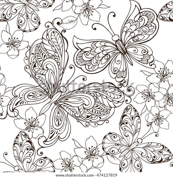 Hand Drawn Flowers Butterflies Anti Stress Stock Vector Royalty Free ...