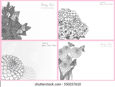 Hand drawn flowers with butterflies.greeting card garden, invitation card for wedding, vintage flowers composition. decorative background and text, vector illustration EPS10.