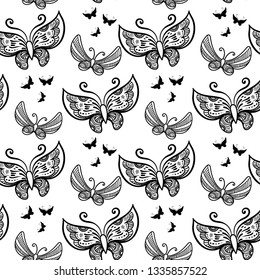 Hand drawn flowers and butterfly seamless pattern. Black and white vector illustration in doodles style. Isolated on white background. Coloring book page.