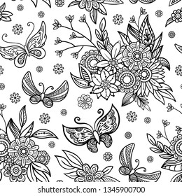 Hand drawn flowers and butterfly seamless pattern. Black and white vector illustration in doodles style. Isolated on white background. Coloring book page.