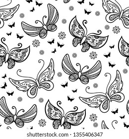 Hand drawn flowers and butterfly seamless pattern. Black and white vector illustration in doodles style. Isolated on white background. Coloring book page.