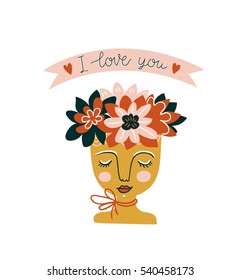 Hand drawn flowers in the ceramic pot with woman face. Scandinavian style illustration, Valentine's day card with lettering - 'I love you'. Vector print design.