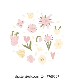 Hand drawn flowers circle emblem. Botanical nature spring elements round badge in doodle style. Modern floral and leaves shapes. Vector illustration isolated on white background.