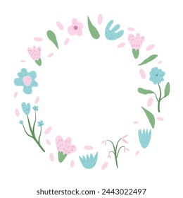 Hand drawn flowers circle frame emblem. Botanical nature spring elements round border badge in doodle style. Modern floral and leaves shapes wreath. Vector illustration isolated on white background.