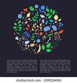 Hand drawn flowers in circle shape. Romantic surface design. Vector pattern with flowers.