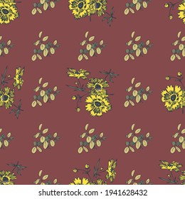 Hand drawn flowers daisy, leaves seamless pattern abstract background wallpaper. Line art botanical illustration. Floral wall art vector illustration in trendy color bordo for graphic design, print