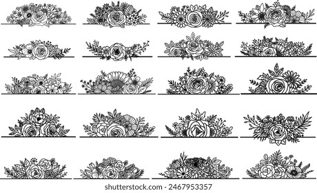 Hand drawn flowers divider set with rose, sunflowers tulips and tree branches for design element, engraving, printing, coloring etc. Vector illustration.