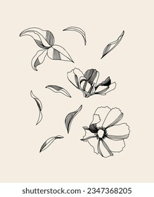 Hand drawn flowers elements. Trendy collage pattern. Fashionable template for design.