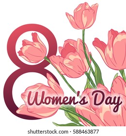 Hand drawn flowers. Floral Design Greeting card. Happy Women's Day, 8 March holiday background. Vector illustration.
