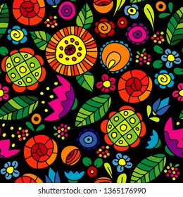 Hand drawn flowers and floral elements. Vector seamless pattern with hand drawn colored flowers isolated on black background 
