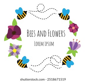 Hand Drawn Flowers and Flying Bees Round Frame Copy Space. Animals, nature and insects concept vector