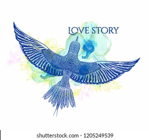 Hand drawn flowers and flying blue hummingbird.Vector illustration.Watercolor background with little bird.to be used wedding card,invitation card.Print for t shirt.Floral pattern.Romantic illustration