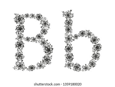 Hand drawn flowers form a Letter B. Black vector illustration on white background